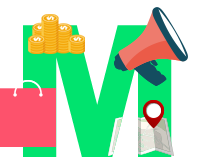 Green M with icons of Marketing 4Ps resembling Marketing