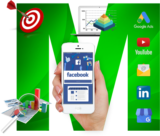 Green M with digital marketing media and relevant icons representing Integrated Digital Marketing Measurably Better Results